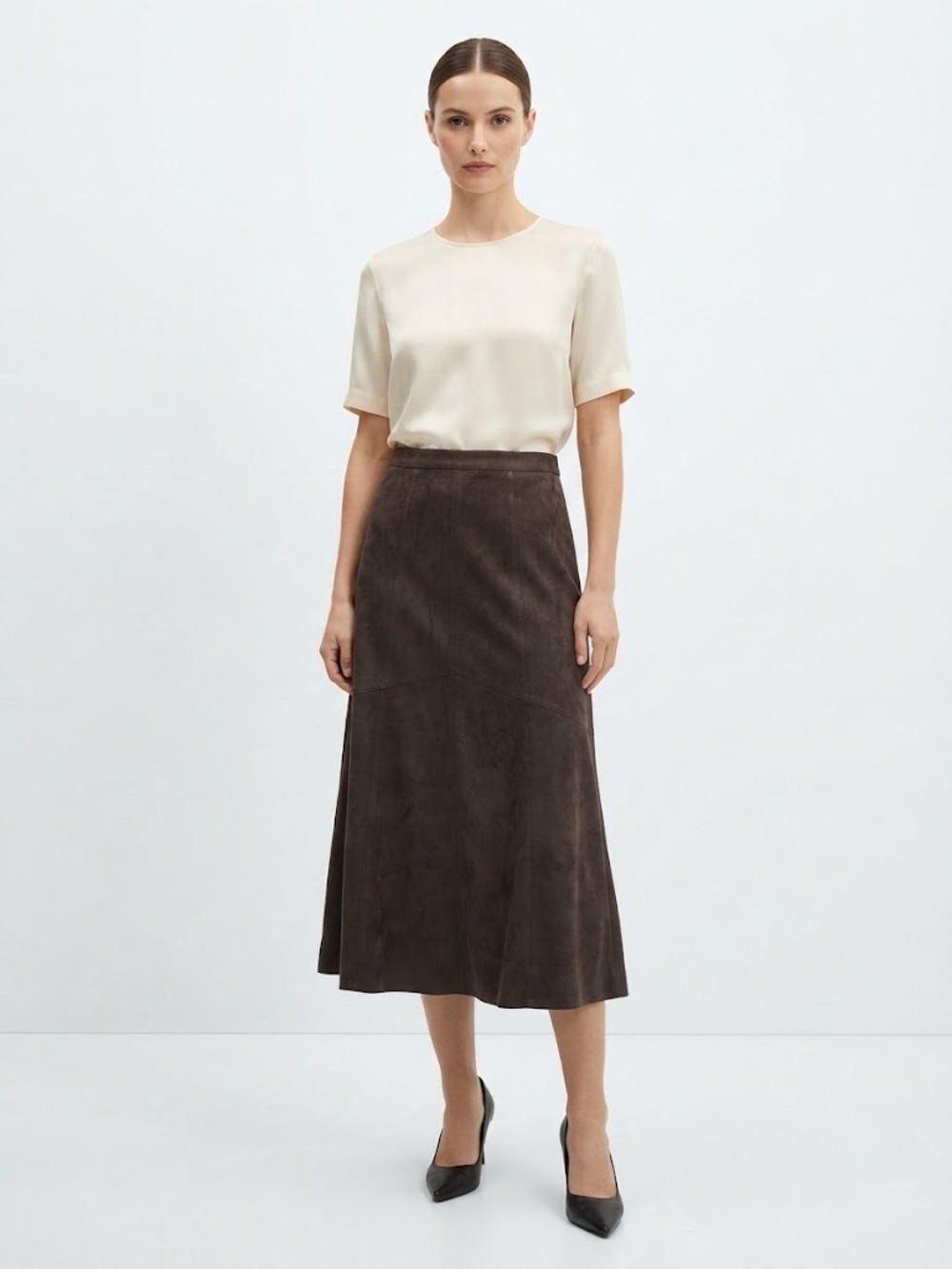 TANJAY Dark Brown Suede A-Line Circle Midi Office Skirt - Sz 12